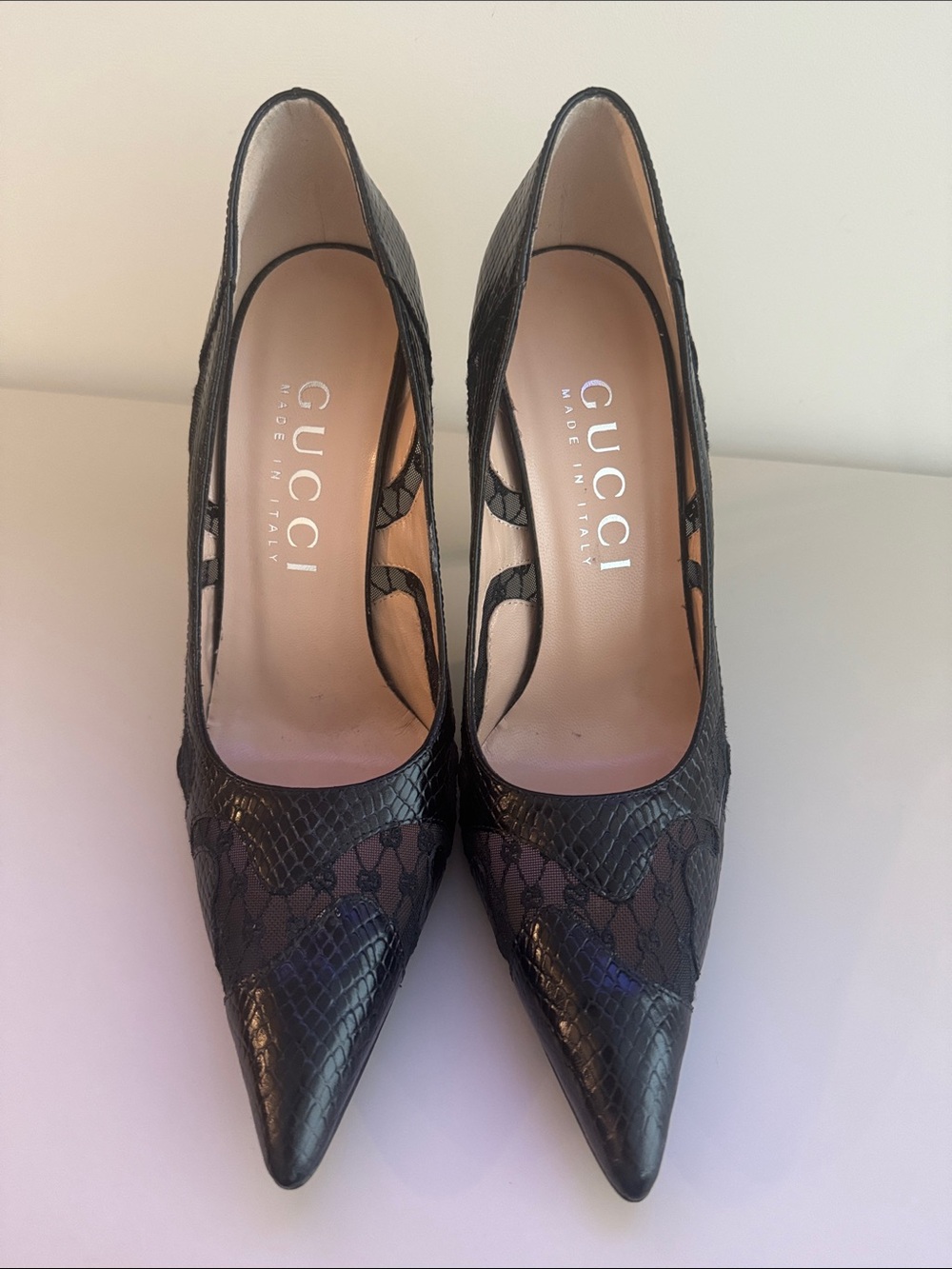 Gucci Black Lace & Snakeskin Pointed-Toe Pumps